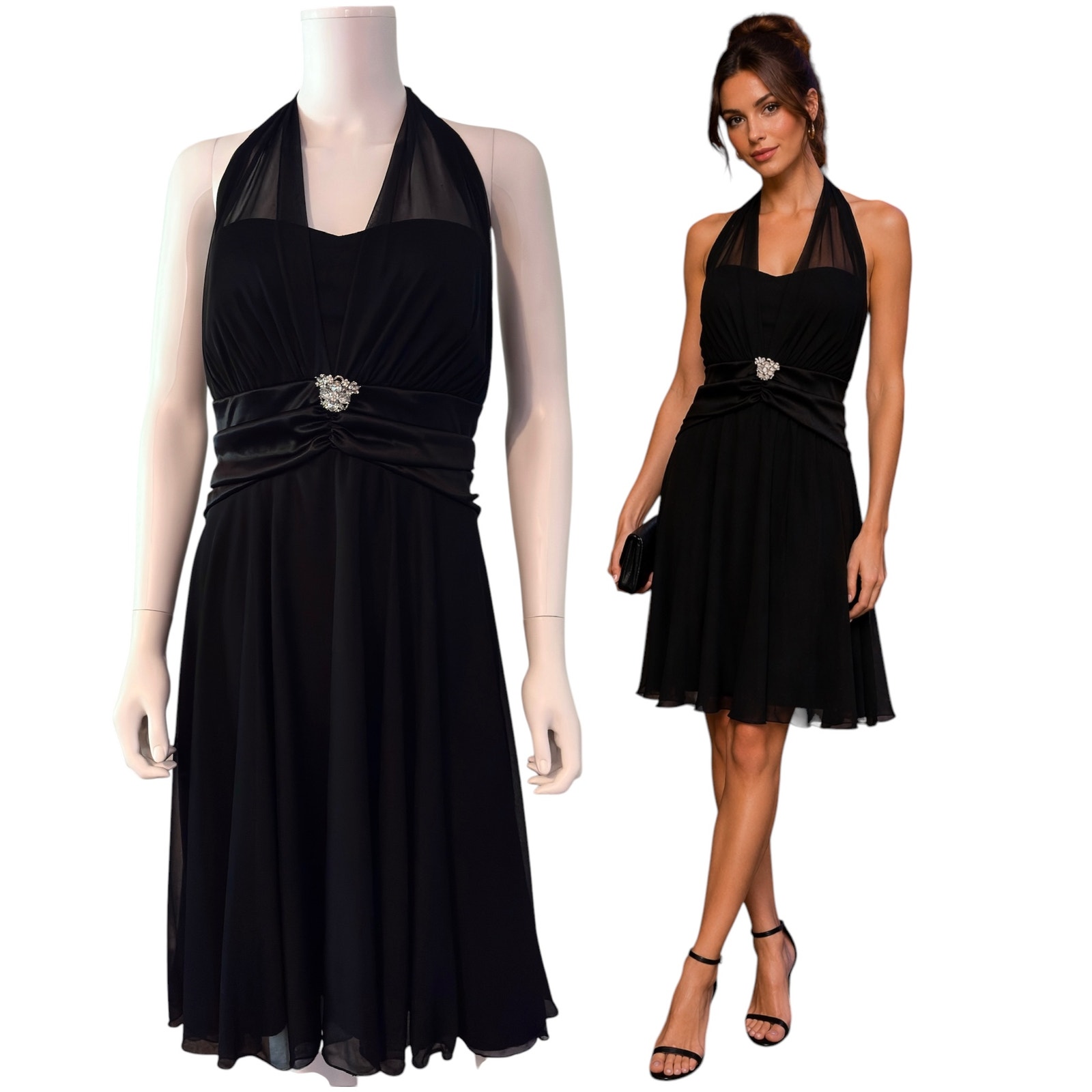 Db Studio Black Satin Halter Dress Size 2x Chiffon Sheer Dark Fairy Whimsigoth